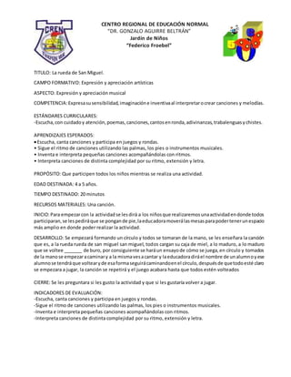 CENTRO REGIONAL DE EDUCACIÓN NORMAL
“DR. GONZALO AGUIRRE BELTRÁN”
Jardín de Niños
“Federico Froebel”
TITULO: La rueda de San Miguel.
CAMPO FORMATIVO: Expresión y apreciación artísticas
ASPECTO: Expresión y apreciación musical
COMPETENCIA:Expresasusensibilidad,imaginacióne inventivaal interpretarocrear canciones y melodías.
ESTÁNDARES CURRICULARES:
-Escucha,con cuidadoy atención,poemas,canciones,cantosenronda,adivinanzas,trabalenguasychistes.
APRENDIZAJES ESPERADOS:
Escucha, canta canciones y participa en juegos y rondas.
• Sigue el ritmo de canciones utilizando las palmas, los pies o instrumentos musicales.
• Inventa e interpreta pequeñas canciones acompañándolas con ritmos.
• Interpreta canciones de distinta complejidad por su ritmo, extensión y letra.
PROPÓSITO: Que participen todos los niños mientras se realiza una actividad.
EDAD DESTINADA: 4 a 5 años.
TIEMPO DESTINADO: 20 minutos
RECURSOS MATERIALES: Una canción.
INICIO:Para empezarcon la actividadse lesdirá a los niñosque realizaremosunaactividadendonde todos
participaran,se lespediráque se pongande pie,laeducadoramoverálasmesasparapodertenerunespacio
más amplio en donde poder realizar la actividad.
DESARROLLO: Se empezará formando un círculo y todos se tomaran de la mano, se les enseñara la canción
que es, a la rueda rueda de san miguel san miguel, todos cargan su caja de miel, a lo maduro, a lo maduro
que se voltee _______ de buro, por consiguiente se haráun ensayode cómo se juega,en círculo y tomados
de la manose empezaracaminary a la mismavesacantar y laeducadoradiráel nombre de unalumnoyese
alumnose tendráque voltearyde esaformaseguirácaminandoenel círculo,despuésde quetodoesté claro
se empezara a jugar, la canción se repetirá y el juego acabara hasta que todos estén volteados
CIERRE: Se les preguntara si les gusto la actividad y que si les gustaría volver a jugar.
INDICADORES DE EVALUACIÓN:
-Escucha, canta canciones y participa en juegos y rondas.
-Sigue el ritmo de canciones utilizando las palmas, los pies o instrumentos musicales.
-Inventa e interpreta pequeñas canciones acompañándolas con ritmos.
-Interpreta canciones de distinta complejidad por su ritmo, extensión y letra.
 