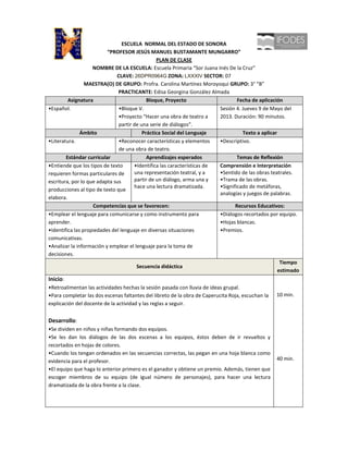 ESCUELA NORMAL DEL ESTADO DE SONORA
                          “PROFESOR JESÚS MANUEL BUSTAMANTE MUNGARRO”
                                                PLAN DE CLASE
                    NOMBRE DE LA ESCUELA: Escuela Primaria “Sor Juana Inés De la Cruz”
                              CLAVE: 26DPR0964G ZONA: LXXXIV SECTOR: 07
                 MAESTRA(O) DE GRUPO: Profra. Carolina Martínez Moroyoqui GRUPO: 3° “B”
                               PRACTICANTE: Edisa Georgina González Almada
         Asignatura                         Bloque, Proyecto                     Fecha de aplicación
•Español.                      •Bloque V.                                Sesión 4. Jueves 9 de Mayo del
                               •Proyecto “Hacer una obra de teatro a     2013. Duración: 90 minutos.
                               partir de una serie de diálogos”.
               Ámbito                     Práctica Social del Lenguaje             Texto a aplicar
•Literatura.                   •Reconocer características y elementos    •Descriptivo.
                               de una obra de teatro.
        Estándar curricular                 Aprendizajes esperados               Temas de Reflexión
•Entiende que los tipos de texto      •Identifica las características de Comprensión e Interpretación
requieren formas particulares de      una representación teatral, y a    •Sentido de las obras teatrales.
escritura, por lo que adapta sus      partir de un diálogo, arma una y   •Trama de las obras.
                                      hace una lectura dramatizada.      •Significado de metáforas,
producciones al tipo de texto que
                                                                         analogías y juegos de palabras.
elabora.
                    Competencias que se favorecen:                              Recursos Educativos:
•Emplear el lenguaje para comunicarse y como instrumento para            •Diálogos recortados por equipo.
aprender.                                                                •Hojas blancas.
•Identifica las propiedades del lenguaje en diversas situaciones         •Premios.
comunicativas.
•Analizar la información y emplear el lenguaje para la toma de
decisiones.
                                                                                                    Tiempo
                                       Secuencia didáctica
                                                                                                   estimado
Inicio:
•Retroalimentan las actividades hechas la sesión pasada con lluvia de ideas grupal.
•Para completar las dos escenas faltantes del libreto de la obra de Caperucita Roja, escuchan la   10 min.
explicación del docente de la actividad y las reglas a seguir.


Desarrollo:
•Se dividen en niños y niñas formando dos equipos.
•Se les dan los diálogos de las dos escenas a los equipos, éstos deben de ir revueltos y
recortados en hojas de colores.
•Cuando los tengan ordenados en las secuencias correctas, las pegan en una hoja blanca como
evidencia para el profesor.                                                                        40 min.
•El equipo que haga lo anterior primero es el ganador y obtiene un premio. Además, tienen que
escoger miembros de su equipo (de igual número de personajes), para hacer una lectura
dramatizada de la obra frente a la clase.
 
