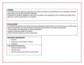 EVALUACIÓN:
La maestra les aplicara a los niños otras dos actividades relacionadas con la primera que se realizo para
saber si adquirieron los conocimientos necesarios para ponerlos en práctica nuevamente.
¿Cuál corazón es más grande y cual más pequeño?
¿Cuáles corazones faltan en la serie?
¿Qué color lleva cada uno de los corazones?
MATERIAL REQUERIDO:
 Cuento
 Hojas con la actividad a realizar
 Crayolas.
Actividades Permanentes:
 Saludo de Bienvenida.
 Pase de lista.
 Dinámica antes de entrar a la Actividad.
CIERRE:
El docente les hará algunas preguntas a los niños para saber que aprendieron de su actividad y también
para saber si les gusto la actividad realizada.
Finalmente la docente regalara a cada niño una paleta como significado de la amistad que existe hacia
ellos de su parte a pesar de ser su maestra.
 