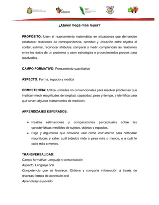 ¿Quién llega más lejos?
PROPÓSITO: Usen el razonamiento matemático en situaciones que demanden
establecer relaciones de correspondencia, cantidad y ubicación entre objetos al
contar, estimar, reconocer atributos, comparar y medir; comprendan las relaciones
entre los datos de un problema y usen estrategias o procedimientos propios para
resolverlos.
CAMPO FORMATIVO: Pensamiento cuantitativo
ASPECTO: Forma, espacio y medida
COMPETENCIA: Utiliza unidades no convencionales para resolver problemas que
implican medir magnitudes de longitud, capacidad, peso y tiempo, e identifica para
qué sirven algunos instrumentos de medición.
APRENDIZAJES ESPERADOS:
 Realiza estimaciones y comparaciones perceptuales sobre las
características medibles de sujetos, objetos y espacios.
 Elige y argumenta qué conviene usar como instrumento para comparar
magnitudes y saber cuál (objeto) mide o pesa más o menos, o a cuál le
cabe más o menos.
TRANSVERSALIDAD:
Campo formativo: Lenguaje y comunicación
Aspecto: Lenguaje oral
Competencia que se favorece: Obtiene y comparte información a través de
diversas formas de expresión oral
Aprendizaje esperado:
 