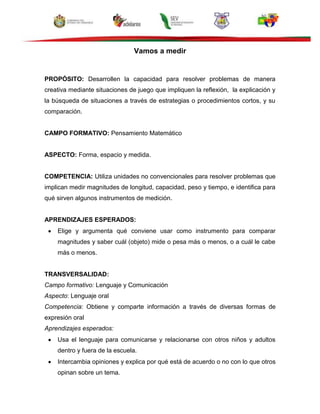 Vamos a medir
PROPÓSITO: Desarrollen la capacidad para resolver problemas de manera
creativa mediante situaciones de juego que impliquen la reflexión, la explicación y
la búsqueda de situaciones a través de estrategias o procedimientos cortos, y su
comparación.
CAMPO FORMATIVO: Pensamiento Matemático
ASPECTO: Forma, espacio y medida.
COMPETENCIA: Utiliza unidades no convencionales para resolver problemas que
implican medir magnitudes de longitud, capacidad, peso y tiempo, e identifica para
qué sirven algunos instrumentos de medición.
APRENDIZAJES ESPERADOS:
Elige y argumenta qué conviene usar como instrumento para comparar
magnitudes y saber cuál (objeto) mide o pesa más o menos, o a cuál le cabe
más o menos.
TRANSVERSALIDAD:
Campo formativo: Lenguaje y Comunicación
Aspecto: Lenguaje oral
Competencia: Obtiene y comparte información a través de diversas formas de
expresión oral
Aprendizajes esperados:
Usa el lenguaje para comunicarse y relacionarse con otros niños y adultos
dentro y fuera de la escuela.
Intercambia opiniones y explica por qué está de acuerdo o no con lo que otros
opinan sobre un tema.
 