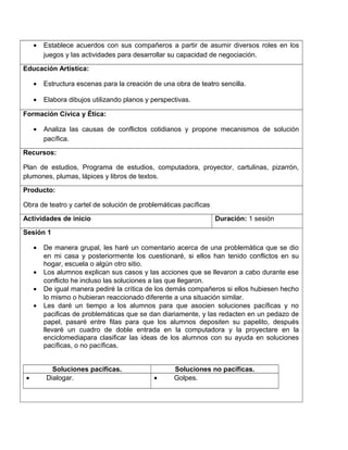 • Establece acuerdos con sus compañeros a partir de asumir diversos roles en los
juegos y las actividades para desarrollar su capacidad de negociación.
Educación Artística:
• Estructura escenas para la creación de una obra de teatro sencilla.
• Elabora dibujos utilizando planos y perspectivas.
Formación Cívica y Ética:
• Analiza las causas de conflictos cotidianos y propone mecanismos de solución
pacífica.
Recursos:
Plan de estudios, Programa de estudios, computadora, proyector, cartulinas, pizarrón,
plumones, plumas, lápices y libros de textos.
Producto:
Obra de teatro y cartel de solución de problemáticas pacíficas
Actividades de inicio Duración: 1 sesión
Sesión 1
• De manera grupal, les haré un comentario acerca de una problemática que se dio
en mi casa y posteriormente los cuestionaré, si ellos han tenido conflictos en su
hogar, escuela o algún otro sitio.
• Los alumnos explican sus casos y las acciones que se llevaron a cabo durante ese
conflicto he incluso las soluciones a las que llegaron.
• De igual manera pediré la crítica de los demás compañeros si ellos hubiesen hecho
lo mismo o hubieran reaccionado diferente a una situación similar.
• Les daré un tiempo a los alumnos para que asocien soluciones pacíficas y no
pacificas de problemáticas que se dan diariamente, y las redacten en un pedazo de
papel, pasaré entre filas para que los alumnos depositen su papelito, después
llevaré un cuadro de doble entrada en la computadora y la proyectare en la
enciclomediapara clasificar las ideas de los alumnos con su ayuda en soluciones
pacíficas, o no pacíficas.
Soluciones pacíficas. Soluciones no pacíficas.
• Dialogar. • Golpes.
 