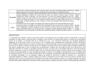 en el cuento? ¿Cuál fue la parte que más te gusto de cuento? ¿Por qué? Al termino de la lluvia de ideas los
algunos colocarán en un “escrito” las ideas que retoman del cuento en función a la biografía del autor.
ambiente
Gráficos del
cubismo
Figuras
Geométricas
por equipo
Mandiles
Pinturas
Pinceles
Cartulinas
Desarrollo
Se les preguntará a los alumnos cuáles son las diferencias entre el Da Vinci con este autor, de forma que los
alumnos participarán en función de reconocer que los colores, los tamaños e incluso la forma en cómo
realizaron los cuadros en diferente. Con estos referentes se les dará una exposición magistral acerca del
cubismo, técnica más sobre saliente del autor, donde los alumnos reconocerán la finalidad de las obras en
función a las figuras geométricas. En este sentido los alumnos realizarán, en equipos, alguna obra de arte, o
algún objeto con figuras geométricas como el tangram, a manera que expongan la idea central de la técnica
del cubismo.
Cierre
A forma de cierre se les pedirá a los alumnos que realicen una obra de arte como la de Picasso pero que
tenga como temática a la familia, de esta forma se les cuestionará ¿Cómo creen que Picasso lo haría? ¿Cómo
sería si dibujáramos con figuras geométricas como el autor? De esta forma cada uno de los alumnos pone en
juego lo aprendido respecto a la técnica del autor: el cubismo, al mismo tiempo que plasma sus ideas y
pensamientos acerca de la familia. Al término de esta actividad los alumnos expondrán sus ideas centrales.
Sustento teórico:
El desarrollo de la actividad se enfoca en las prácticas artísticas como medio para hacer un producto referente al Taller donde sea una forma
organizada de trabajo manual e intelectual donde se privilegia la acción del niño, este trabajo manual tendrá en consideración los aprendizajes
previos de los alumnos y el desarrollo mismo de la actividad, por lo que en la concepción constructivista, este aprendizaje significativo,
globalizado, que el niño puede conectar con sus intereses y con su realidad próxima, capacitándole para comprenderla e incidir en ella (Zabala,
1993). Debido al enfoque artístico que se tiene las actividades que se pretenden desarrollar cuentan con un alto grado de abstracción y compresión
por parte de los alumnos en función a términos que no son coloquiales. Se pretende entonces que los alumnos realicen actividades introductorias
por medio de analogías que tal como lo menciona Díaz, son preposiciones o imágenes que evocan algún recuerdo con la situación que se está
planteando ofreciendo a los alumnos la capacidad de relacionar los saberes con aspectos que le son familiares logrando la construcción del primer
referente cognitivo para accionar en la situación. Hablar acerca de la apreciación del arte nos lleva a pensar en todo lo que esto considera, ya que
conforma una mirada integradora de ciertas capacidades perceptuales y reflexivas con sensibilidad y emotividad donde se crea un equilibrio entre
la naturaleza del medio y el arte que conllevan al desarrollo de ciertas capacidades sensoperceptivas obteniendo un incremento en la percepción y
la creatividad; desarrollando a su vez capacidades cognitivas que permiten la observación, el análisis, la valoración ,etc., y desarrolla las
capacidades lingüísticas al hablar y comunicar imágenes de acuerdo a la interpretación que este mismo le dé. De esta forma se pretende que la
apreciación del arte exista en la educación para el desarrollo de una cultura visual necesaria para erradicar con la sociedad visualizada. Esta cultura
pretende incluir aspectos importantes de las pautas sociales como los valores y elementos de las artes visuales al mismo tiempo que considera la
 