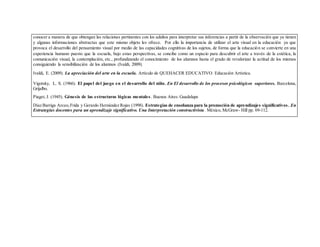 conocer a manera de que obtengan las relaciones pertinentes con los adultos para interpretar sus inferencias a partir de la observación que ya tienen
y algunas informaciones abstractas que este mismo objeto les ofrece. Por ello la importancia de utilizar el arte visual en la educación ya que
provoca el desarrollo del pensamiento visual por medio de las capacidades cognitivas de los sujetos, de forma que la educación se convierte en una
experiencia humano puesto que la escuela, bajo estas perspectivas, se concibe como un espacio para descubrir el arte a través de la estética, la
comunicación visual, la contemplación, etc., profundizando el conocimiento de los alumnos hasta el grado de revalorizar la actitud de los mismos
consiguiendo la sensibilización de los alumnos (Ivaldi, 2009).
Ivaldi, E. (2009). La apreciación del arte en la escuela. Artículo de QUEHACER EDUCATIVO. Educación Artística.
Vigotsky, L. S. (1966). El papel del juego en el desarrollo del niño. En El desarrollo de los procesos psicológicos superiores. Barcelona,
Grijalbo.
Piaget, J. (1945). Génesis de las estructuras lógicas mentales. Buenos Aires: Guadalupe
Díaz Barriga Arceo,Frida y Gerardo Hernández Rojas (1998). Estrategias de enseñanza para la promoción de aprendizajes significativos. En
Estrategias docentes para un aprendizaje significativo. Una Interpretación constructivista. México, McGraw- Hill pp. 69-112.
 