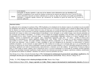 a los números.
Revistas,
periódicos,
cuentos, etc.Cierre
Enseguida, la docente repartirá a cada uno de los alumnos textos informativos para que identifiquen los
números, acompañada de una canción los alumnos reconocerán los números que aparecen en esta y con los
textos informativos buscarán el número solicitado por la canción en ellos de esta forma se les pedirá que
participen y compartan aquellos números que encontraron, me identifican la grafía del mismo para su
posterior aplicación.
Sustento teórico:
La aplicación de las estrategias de enseñanza (Díaz, 1998) focalizadas en la estimulación de los alumnos respecto a la actividad evoca la necesidad
de manipularlas para obtener los resultados esperados,de esta forma se hace uso de diversas estrategias como el manejo de objetos donde cada uno
de los alumnos se encuentra con el contacto directo de estos, de forma que, en el estado preoperacional en el que se encuentran, organizan los
números de acuerdo a una característica en particular, trabajando paralelamente la estrategia de conteo para delimitar la serie de estos números. El
desarrollo de la misma se enfoca en el enriquecimiento de aprendizajes a través del juego; en este sentido el juego, como elemento primordial en
las estrategias para facilitar el aprendizaje, se considera como un conjunto de actividades agradables, cortas, divertidas, con reglas que permiten el
fortalecimiento de los valores: respeto, tolerancia grupal e intergrupal, responsabilidad, solidaridad, confianza en sí mismo, seguridad, amor al
prójimo, fomenta el compañerismo para compartir ideas, conocimientos, inquietudes, todos ellos – los valores- facilitan el esfuerzo para
internalizar los conocimientos de manera significativa (Rojano, 2010). Para Wallon, (1942): “Los juegos de los niños constituyen simulacros
que facilitan el acceso y dominio del campo simbólico. Sustituciones plásticas comparables con las del simulacro ritual, constituyen preludios
de formas más elaboradas como el símbolo y el signo y posibilitan el paso de la inteligencia de las situaciones a la representativa. La función
simbólica desempeña en esta transición un papel capital” Por ello el énfasis de accionar con la estrategia dado que es un actividad libre que
favorece la abstracción de ciertos saberes poniéndolos a prueba por medio de un juego simbólico y este será el detonador principal para alcanzar el
aprendizaje significativo por medio de interpretaciones, representaciones y relaciones con la vida cotidiana. De igual forma el manejo de objetos
para el conteo tiende un puente cognitivo entre la información nueva y la previa (enfatizando en el desarrollo de actividades pasadas) logrando
establecer un aprendizaje netamente significativo al poder relacionar las situaciones presentadas con algunas experiencias cotidianas, manifestando
la capacidad de los alumnos de delimitar e identificar los números en diversos portadores de textos.
Díaz Barriga Arceo,Frida y Gerardo Hernández Rojas (1998). Estrategias de enseñanza para la promoción de aprendizajes significativos. En
Estrategias docentes para un aprendizaje significativo. Una Interpretación constructivista. México, McGraw- Hill pp. 69-112.
Wallon, H. (1942). El juego en la evolución psicológica del niño. Buenos Aires, Psique.
Rojano Ballesteros Mayra (2010). Juego y aprendo en el taller. Primer congreso internacional de transformación educativa. Revista de
 