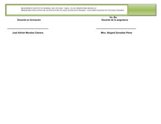 BENEMÉRITO INSTITUTO NORMAL DEL ESTADO “GRAL. JUAN CRISÓSTOMO BONILLA”
PROGRAMA EDUCATIVO DE LICENCIATURA EN EDUCACIÓN SECUNDARIA CON ESPECIALIDAD EN TELESECUNDARIA

Docente en formación

Vo. Bo.
Docente de la asignatura

_________________________________

________________________________

José Adrián Morales Cabrera

Mtra. Abigaid González Pérez

 
