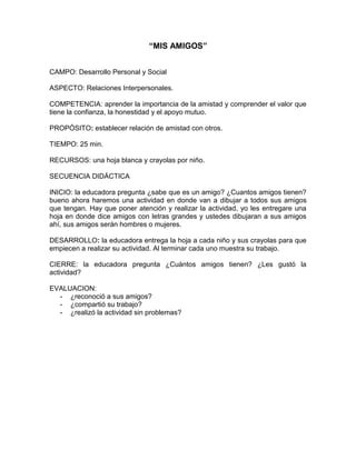 “MIS AMIGOS”
CAMPO: Desarrollo Personal y Social
ASPECTO: Relaciones Interpersonales.
COMPETENCIA: aprender la importancia de la amistad y comprender el valor que
tiene la confianza, la honestidad y el apoyo mutuo.
PROPÓSITO: establecer relación de amistad con otros.
TIEMPO: 25 min.
RECURSOS: una hoja blanca y crayolas por niño.
SECUENCIA DIDÁCTICA
INICIO: la educadora pregunta ¿sabe que es un amigo? ¿Cuantos amigos tienen?
bueno ahora haremos una actividad en donde van a dibujar a todos sus amigos
que tengan. Hay que poner atención y realizar la actividad, yo les entregare una
hoja en donde dice amigos con letras grandes y ustedes dibujaran a sus amigos
ahí, sus amigos serán hombres o mujeres.
DESARROLLO: la educadora entrega la hoja a cada niño y sus crayolas para que
empiecen a realizar su actividad. Al terminar cada uno muestra su trabajo.
CIERRE: la educadora pregunta ¿Cuántos amigos tienen? ¿Les gustó la
actividad?
EVALUACION:
- ¿reconoció a sus amigos?
- ¿compartió su trabajo?
- ¿realizó la actividad sin problemas?
 