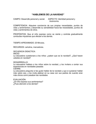 “HABLEMOS DE LA NAVIDAD”
CAMPO: Desarrollo personal y social. ASPECTO: Identidad personal y
Autonomía.
COMPETENCIA: Adquiere conciencia de sus propias necesidades, puntos de
vista y sentimientos y desarrolla su sensibilidad hacia las necesidades, puntos de
vista y sentimientos de otros.
PROPÓSITOS: Que el niño exprese como se siente y controla gradualmente
conductas impulsivas que afectan a los demás.
TIEMPO APROXIMADO: 20 Minutos.
RECURSOS: cartulina, marcadores.
SECUENCIA DIDACTICA:
INICIO:
La educadora cuestionara a los niños: ¿saben que es la navidad?, ¿Qué hacen
ustedes en navidad?
DESARRROLLO:
La educadora hablara a los niños sobre la navidad, y los invitara a contar sus
experiencias en navidades pasadas
CIERRE:
La educadora pregunta si les gusto hablar de la navidad y que si quisieran hablar
más sobre eso, y los invita platicar en su casa con sus padres de cuando eran
más chicos como pasaban las navidades
EVALUACIÓN:
¿El niño expreso sus sentimientos?
¿Puso atención a los demás?
 
