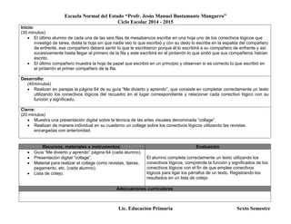 Escuela Normal del Estado “Profr. Jesús Manuel Bustamante Mungarro”
Ciclo Escolar 2014 - 2015
Lic. Educación Primaria Sexto Semestre
Inicio:
(30 minutos)
 El último alumno de cada una de las seis filas de mesabancos escribe en una hoja uno de los conectivos lógicos que
investigó de tarea, dobla la hoja sin que nadie veo lo que escribió y con su dedo lo escribe en la espalda del compañero
de enfrente, ese compañero deberá sentir lo que le escribieron porque él lo escribirá a su compañero de enfrente y así
sucesivamente hasta llegar al primero de la fila y este escribirá en el pintarrón lo que sintió que sus compañeros habían
escrito.
 El último compañero muestra la hoja de papel que escribió en un principio y observan si es correcto lo que escribió en
el pintarrón el primer compañero de la fila.
Desarrollo:
(40minutos)
 Realizan en parejas la página 64 de su guía “Me divierto y aprendo”, que consiste en completar correctamente un texto
utilizando los conectivos lógicos del recuadro en el lugar correspondiente y relacionar cada conectivo lógico con su
función y significado.
Cierre:
(20 minutos)
 Muestra una presentación digital sobre la técnica de las artes visuales denominada “collage”.
 Realizan de manera individual en su cuaderno un collage sobre los conectivos lógicos utilizando las revistas
encargadas con anterioridad.
Recursos, materiales e instrumentos: Evaluación
 Guía “Me divierto y aprendo” página 64 (cada alumno).
 Presentación digital “collage”.
 Material para realizar el collage como revistas, tijeras,
pegamento, etc. (cada alumno).
 Lista de cotejo.
El alumno completa correctamente un texto utilizando los
conectivos lógicos, comprende la función y significados de los
conectivos lógicos con el fin de que emplee conectivos
lógicos para ligar los párrafos de un texto. Registrando los
resultados en un lista de cotejo.
Adecuaciones curriculares
 