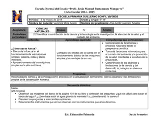 Escuela Normal del Estado “Profr. Jesús Manuel Bustamante Mungarro”
Ciclo Escolar 2014 - 2015
Lic. Educación Primaria Sexto Semestre
Asignatura:
CIENCIAS
NATURALES
Bloque: IV Ámbito:
Estándares
curriculares:
2.2 Identifica la contribución de la ciencia y la tecnología en la investigación, la atención de la salud y el
cuidado del ambiente.
Contenido: Aprendizaje esperado: Competencias que se favorecen:
¿Cómo uso la fuerza?
• Efecto de la fuerza en el
funcionamiento de las máquinas
simples: palanca, polea y plano
inclinado.
• Aprovechamiento de las máquinas
simples en la vida cotidiana.
Compara los efectos de la fuerza en el
funcionamiento básico de las máquinas
simples y las ventajas de su uso.
 Comprensión de fenómenos y
procesos naturales desde la
perspectiva científica.
 Toma de decisiones informadas para
el cuidado del ambiente y la promoción
de la salud orientadas a la cultura de la
prevención.
 Comprensión de los alcances y
limitaciones de la ciencia y del
desarrollo tecnológico en diversos
contextos.
Propósitos:
Reconozcan la ciencia y la tecnología como procesos en la actualización permanente, con los alcances y las limitaciones
propios de la construcción humana.
Secuencia didáctica:
Inicio:
(20 minutos)
 Observan las imágenes del barco de la página 101 de su libro y contestan las preguntas: ¿qué se utilizó para sacar el
barco del agua?, ¿cómo hace subir al agua girando la manivela? y ¿cómo levantó la carreta?
 Discuten las preguntas e intercambian opiniones.
 Relacionan los instrumentos que ahí se observan con los instrumentos que ahora tenemos.
ESCUELA PRIMARIA GUILLERMO BONFIL VIVEROS
Periodo: 11 de marzo de 2015 Grado y Grupo: 6° “B”
Nombre del docente: Verónica Mora Acedo Nombre del practicante: Ana Judith Guerrero Amador
 