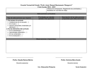 Escuela Normal del Estado “Profr. Jesús Manuel Bustamante Mungarro”
Ciclo Escolar 2014 - 2015
Lic. Educación Primaria Sexto Semestre
criterios de comparación. Registrando las actividades y
resultados en una lista de cotejo.
Adecuaciones curriculares
Tipo de adecuaciones que requiere:
Prioridades por atender
(señalar área-opcional)
Descripción de las adecuaciones
propuestas para el(la) alumno(a)
1. De acceso al currículo
 Instalaciones de la escuela ( )
 En el aula ( )
 Apoyos personales (materiales y/o
técnicos) ( )
2. En los elementos del currículo
 En la metodología ( )
 Aprendizajes esperados ( )
 En los contenidos ( )
 En la evaluación ( )
Observaciones e imprevistos:
______________________________________ ______________________________________
Profra. Claudia Ramos Merino Profra. Verónica Mora Acedo
Docente asesor(a) Docente tutor(a)
 