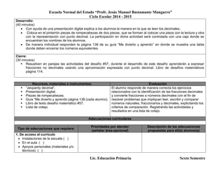Escuela Normal del Estado “Profr. Jesús Manuel Bustamante Mungarro”
Ciclo Escolar 2014 - 2015
Lic. Educación Primaria Sexto Semestre
Desarrollo:
(40 minutos)
 Con ayuda de una presentación digital explica a los alumnos la manera en la que se leen los decimales.
 Coloca en el pintarrón piezas de rompecabezas de dos piezas, que se forman al colocar una pieza con la lectura y otra
con la representación con punto decimal. La participación en dicha actividad será controlada con una caja donde se
encuentran los nombres de los alumnos.
 De manera individual responden la página 138 de su guía “Me divierto y aprendo” en donde se muestra una tabla
donde deben encerrar los números equivalentes.
Cierre:
(30 minutos)
 Resuelven en parejas las actividades del desafío #57, durante el desarrollo de este desafío aprenderán a expresar
fracciones no decimales usando una aproximación expresada con punto decimal. Libro de desafíos matemáticos
página 114.
Recursos, materiales e instrumentos: Evaluación
 “Jeopardy decimal”.
 Presentación digital.
 Piezas de rompecabezas.
 Guía “Me divierto y aprendo página 138 (cada alumno).
 Libro de texto desafío matemático #57.
 Lista de cotejo.
El alumno responde de manera correcta los ejercicios
relacionados con la identificación de las fracciones decimales
y convierte fracciones a números decimales con el fin de
resolver problemas que impliquen leer, escribir y comparar
números naturales, fraccionarios y decimales, explicitando los
criterios de comparación. Registrando las actividades y
resultados en una lista de cotejo.
Adecuaciones curriculares
Tipo de adecuaciones que requiere:
Prioridades por atender
(señalar área-opcional)
Descripción de las adecuaciones
propuestas para el(la) alumno(a)
1. De acceso al currículo
 Instalaciones de la escuela ( )
 En el aula ( )
 Apoyos personales (materiales y/o
técnicos) ( )
 