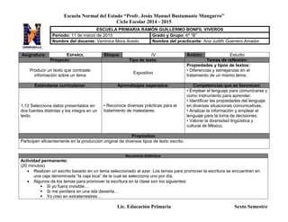 Escuela Normal del Estado “Profr. Jesús Manuel Bustamante Mungarro”
Ciclo Escolar 2014 - 2015
Lic. Educación Primaria Sexto Semestre
Asignatura: ESPAÑOL Bloque: IV Ámbito: Estudio
Proyecto: Tipo de texto: Temas de reflexión:
Producir un texto que contraste
información sobre un tema
Expositivo
Propiedades y tipos de textos:
• Diferencias y semejanzas en el
tratamiento de un mismo tema.
Estándares curriculares: Aprendizajes esperados: Competencias que se favorecen:
1.12 Selecciona datos presentados en
dos fuentes distintas y los integra en un
texto.
• Reconoce diversas prácticas para el
tratamiento de malestares.
• Emplear el lenguaje para comunicarse y
como instrumento para aprender.
• Identificar las propiedades del lenguaje
en diversas situaciones comunicativas.
• Analizar la información y emplear el
lenguaje para la toma de decisiones.
• Valorar la diversidad lingüística y
cultural de México.
Propósitos:
Participen eficientemente en la producción original de diversos tipos de texto escrito.
Secuencia didáctica:
Actividad permanente:
(20 minutos)
 Realizan un escrito basado en un tema seleccionado al azar. Los temas para promover la escritura se encuentran en
una caja denominada “la caja loca” de la cual se selecciona uno por día.
 Algunos de los temas para promover la escritura en la clase son los siguientes:
 Si yo fuera invisible…
 Si me perdiera en una isla desierta…
 Yo creo en extraterrestres…
ESCUELA PRIMARIA RAMÓN GUILLERMO BONFIL VIVEROS
Periodo: 11 de marzo de 2015 Grado y Grupo: 6º “B”
Nombre del docente: Verónica Mora Acedo Nombre del practicante: Ana Judith Guerrero Amador
 