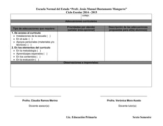 Escuela Normal del Estado “Profr. Jesús Manuel Bustamante Mungarro”
Ciclo Escolar 2014 - 2015
Lic. Educación Primaria Sexto Semestre
cotejo.
Adecuaciones curriculares
Tipo de adecuaciones que requiere:
Prioridades por atender
(señalar área-opcional)
Descripción de las adecuaciones
propuestas para el(la) alumno(a)
1. De acceso al currículo
 Instalaciones de la escuela ( )
 En el aula ( )
 Apoyos personales (materiales y/o
técnicos) ( )
2. En los elementos del currículo
 En la metodología ( )
 Aprendizajes esperados ( )
 En los contenidos ( )
 En la evaluación ( )
Observaciones e imprevistos:
______________________________________ ______________________________________
Profra. Claudia Ramos Merino Profra. Verónica Mora Acedo
Docente asesor(a) Docente tutor(a)
 