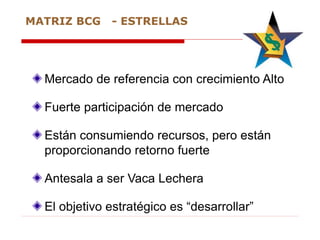 Mercado de referencia con crecimiento Alto
Fuerte participación de mercado
Están consumiendo recursos, pero están
proporcionando retorno fuerte
Antesala a ser Vaca Lechera
El objetivo estratégico es “desarrollar”
MATRIZ BCG - ESTRELLAS
 
