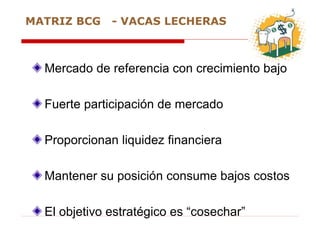 Mercado de referencia con crecimiento bajo
Fuerte participación de mercado
Proporcionan liquidez financiera
Mantener su posición consume bajos costos
El objetivo estratégico es “cosechar”
MATRIZ BCG - VACAS LECHERAS
 