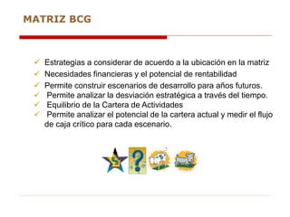  Estrategias a considerar de acuerdo a la ubicación en la matriz
 Necesidades financieras y el potencial de rentabilidad
 Permite construir escenarios de desarrollo para años futuros.
 Permite analizar la desviación estratégica a través del tiempo.
 Equilibrio de la Cartera de Actividades
 Permite analizar el potencial de la cartera actual y medir el flujo
de caja crítico para cada escenario.
MATRIZ BCG
 