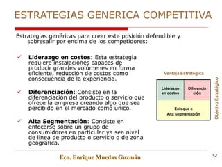Estrategias genéricas para crear esta posición defendible y
sobresalir por encima de los competidores:
ESTRATEGIAS GENERICA COMPETITIVA
Liderazgo
en costos
Diferencia
ción
Enfoque o
Alta segmentación
 Liderazgo en costos: Esta estrategia
requiere instalaciones capaces de
producir grandes volúmenes en forma
eficiente, reducción de costos como
consecuencia de la experiencia.
 Diferenciación: Consiste en la
diferenciación del producto o servicio que
ofrece la empresa creando algo que sea
percibido en el mercado como único.
 Alta Segmentación: Consiste en
enfocarse sobre un grupo de
consumidores en particular ya sea nivel
de línea de producto o servicio o de zona
geográfica.
Ventaja Estratégica
ObjetivoEstratégico
Eco. Enrique Muedas Guzmán 52
 