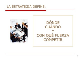LA ESTRATEGIA DEFINE:
DÓNDE
CUÁNDO
Y
CON QUÉ FUERZA
COMPETIR
7
 
