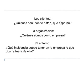Los clientes:
¿Quiénes son, dónde están, qué esperan?
La organización:
¿Quiénes somos como empresa?
El entorno:
¿Qué incidencia puede tener en la empresa lo que
ocurre fuera de ella?
 