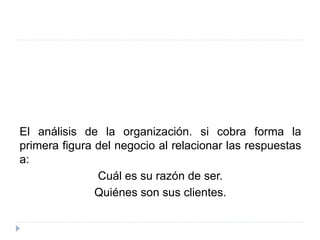 El análisis de la organización. si cobra forma la
primera figura del negocio al relacionar las respuestas
a:
Cuál es su razón de ser.
Quiénes son sus clientes.
 