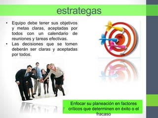 estrategas
Enfocar su planeación en factores
críticos que determinen en éxito o el
fracaso
• Equipo debe tener sus objetivos
y metas claras, aceptadas por
todos con un calendario de
reuniones y tareas efectivas.
• Las decisiones que se tomen
deberán ser claras y aceptadas
por todos.
 
