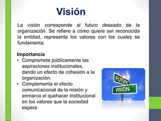 Visión
La visión corresponde al futuro deseado de la
organización. Se refiere a cómo quiere ser reconocida
la entidad, representa los valores con los cuales se
fundamenta.
Importancia
• Compromete públicamente las
aspiraciones institucionales,
dando un efecto de cohesión a la
organización.
• Complementa el efecto
comunicacional de la misión y
enmarca el quehacer institucional
en los valores que la sociedad
espera
 