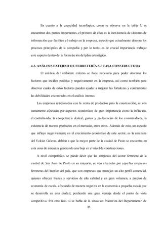 35
En cuanto a la capacidad tecnológica, como se observa en la tabla 6, se
encuentran dos puntos importantes, el primero de ellos es la inexistencia de sistemas de
información que faciliten el trabajo en la empresa, aspecto que actualmente demora los
procesos principales de la compañía y por lo tanto, es de crucial importancia trabajar
este aspecto dentro de la formulación del plan estratégico.
4.3. ANÁLISIS EXTERNO DE FERRETERÍA SU CASA CONSTRUCTORA
El análisis del ambiente externo se hace necesario para poder observar los
factores que inciden positiva y negativamente en la empresa, así como también para
observar cuales de estos factores pueden ayudar a mejorar las fortalezas y contrarrestar
las debilidades encontradas en el análisis interno.
Las empresas relacionadas con la venta de productos para la construcción, se ven
sumamente afectadas por aspectos económicos de gran importancia como la inflación,
el contrabando, la competencia desleal, gustos y preferencias de los consumidores, la
existencia de nuevos productos en el mercado, entre otros. Además de esto, un aspecto
que influye negativamente en el crecimiento económico de este sector, es la amenaza
del Volcán Galeras, debido a que la mayor parte de la ciudad de Pasto se encuentra en
esta zona de amenaza generando una baja en el nivel de construcciones.
A nivel competitivo, se puede decir que las empresas del sector ferretero de la
ciudad de San Juan de Pasto en su mayoría, se ven afectadas por aquellas empresas
ferreteras del interior del país, que son empresas que manejan un alto perfil comercial,
quienes ofrecen bienes y servicios de alta calidad y en gran volumen, a precios de
economía de escala, afectando de manera negativa en la economía a pequeña escala que
se desarrolla en esta ciudad, perdiendo una gran ventaja desde el punto de vista
competitivo. Por otro lado, si se habla de la situación fronteriza del Departamento de
 