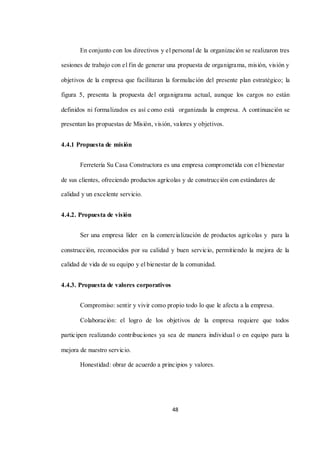 48
En conjunto con los directivos y el personal de la organización se realizaron tres
sesiones de trabajo con el fin de generar una propuesta de organigrama, misión, visión y
objetivos de la empresa que facilitaran la formulación del presente plan estratégico; la
figura 5, presenta la propuesta del organigrama actual, aunque los cargos no están
definidos ni formalizados es así como está organizada la empresa. A continuación se
presentan las propuestas de Misión, visión, valores y objetivos.
4.4.1 Propuesta de misión
Ferretería Su Casa Constructora es una empresa comprometida con el bienestar
de sus clientes, ofreciendo productos agrícolas y de construcción con estándares de
calidad y un excelente servicio.
4.4.2. Propuesta de visión
Ser una empresa líder en la comercialización de productos agrícolas y para la
construcción, reconocidos por su calidad y buen servicio, permitiendo la mejora de la
calidad de vida de su equipo y el bienestar de la comunidad.
4.4.3. Propuesta de valores corporativos
Compromiso: sentir y vivir como propio todo lo que le afecta a la empresa.
Colaboración: el logro de los objetivos de la empresa requiere que todos
participen realizando contribuciones ya sea de manera individual o en equipo para la
mejora de nuestro servicio.
Honestidad: obrar de acuerdo a principios y valores.
 