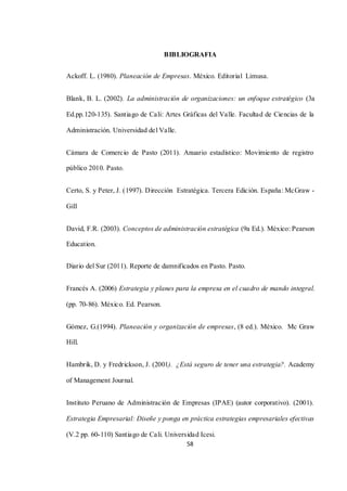 58
BIBLIOGRAFIA
Ackoff. L. (1980). Planeación de Empresas. México. Editorial Limusa.
Blank, B. L. (2002). La administración de organizaciones: un enfoque estratégico (3a
Ed.pp.120-135). Santiago de Cali: Artes Gráficas del Valle. Facultad de Ciencias de la
Administración. Universidad del Valle.
Cámara de Comercio de Pasto (2011). Anuario estadístico: Movimiento de registro
público 2010. Pasto.
Certo, S. y Peter, J. (1997). Dirección Estratégica. Tercera Edición. España: McGraw -
Gill
David, F.R. (2003). Conceptos de administración estratégica (9a Ed.). México: Pearson
Education.
Diario del Sur (2011). Reporte de damnificados en Pasto. Pasto.
Francés A. (2006) Estrategia y planes para la empresa en el cuadro de mando integral.
(pp. 70-86). México. Ed. Pearson.
Gómez, G.(1994). Planeación y organización de empresas, (8 ed.). México. Mc Graw
Hill.
Hambrik, D. y Fredrickson, J. (2001). ¿Está seguro de tener una estrategia?. Academy
of Management Journal.
Instituto Peruano de Administración de Empresas (IPAE) (autor corporativo). (2001).
Estrategia Empresarial: Diseñe y ponga en práctica estrategias empresariales efectivas
(V.2 pp. 60-110) Santiago de Cali. Universidad Icesi.
 