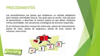 PROCEDIMIENTOS
Los procedimientos son planes que establecen un método obligatorio
para manejar actividades futuras. Son guías para la acción, más que para
el pensamiento, y describen la manera exacta en que deben realizarse
ciertas actividades. Son secuencias cronológicas de acciones requeridas.
En el contexto educativo incluye las matriculas, planes de mejoramiento,
planes de clase, planes de asignatura, planes de área, planes de
refuerzo, entre otros.
 
