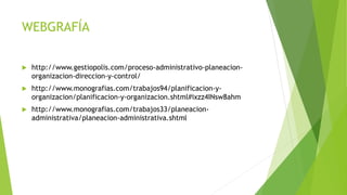 WEBGRAFÍA
 http://www.gestiopolis.com/proceso-administrativo-planeacion-
organizacion-direccion-y-control/
 http://www.monografias.com/trabajos94/planificacion-y-
organizacion/planificacion-y-organizacion.shtml#ixzz4INsw8ahm
 http://www.monografias.com/trabajos33/planeacion-
administrativa/planeacion-administrativa.shtml
 