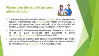 Planeación dentro del proceso
administrativo
 "La planeación consiste en fijar el curso concreto de acción que ha de
seguirse, estableciendo los principios que habrán de orientarlo, la
secuencia de operaciones para realizarlo, y la determinación de
tiempos y números necesarios para su realización". A. Reyes Ponce.
 "Determinación del conjunto de objetivos por obtenerse en el futuro y
el de los pasos necesarios para alcanzarlos a través
de técnicas y procedimientos definidos" Ernest Dale.
 "La planeación es el primer paso del proceso administrativo por medio
del cual se define un problema, se analizan las experiencias pasadas y
se embozan planes y programas" J. A. Fernández Arenas.
 