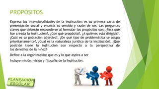 PROPÓSITOS
Expresa las intencionalidades de la institución; es su primera carta de
presentación social y enuncia su sentido y razón de ser. Las preguntas
claves que deberán responderse al formular los propósitos son: ¿Para qué
fue creada la institución?, ¿Con qué propósito?, ¿A quiénes está dirigida?,
¿Cuál es su población objetivo?, ¿De qué tipo de problemática se ocupa
prioritariamente?, ¿Cuál es la naturaleza jurídica de la institución?, ¿Qué
posición tiene la institución con respecto a la perspectiva de
los derechos de la niñez?
Define a la organización: que es y lo que aspira a ser
Incluye misión, visión y filosofía de la Institución.
 