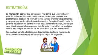 ESTRATEGÍAS
La Planeación estratégica se basa en: realizar lo que se debe hacer;
establecer las posibilidades reales que se tienen para resolver una
problemática escolar; no resolver todo a la vez; priorizar los problemas;
y luego actuar, en función de todo lo anterior. Esta planificación trata de
guiar la educación del centro escolar hacia la transformación, por lo que
necesita de recursos humanos con la suficiente creatividad para originar
nuevas estrategias en función de los problemas que van apareciendo
Son la clave para la adaptación de los medios a los fines; muestran la
dirección de los recursos y esfuerzos para lograr los objetivos.
 