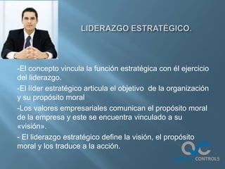 -El concepto vincula la función estratégica con él ejercicio
del liderazgo.
-El líder estratégico articula el objetivo de la organización
y su propósito moral
-Los valores empresariales comunican el propósito moral
de la empresa y este se encuentra vinculado a su
«visión».
- El liderazgo estratégico define la visión, el propósito
moral y los traduce a la acción.
 