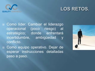    Como líder. Cambiar el liderazgo
    operacional (poco riesgo) al
    estratégico; donde enfrentará
    incertidumbre, ambigüedad y
    conflicto.
   Como equipo operativo. Dejar de
    esperar instrucciones detalladas
    paso a paso.
 