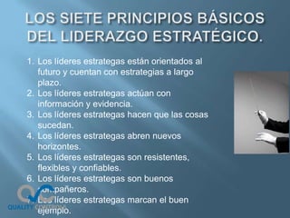 1. Los líderes estrategas están orientados al
   futuro y cuentan con estrategias a largo
   plazo.
2. Los líderes estrategas actúan con
   información y evidencia.
3. Los líderes estrategas hacen que las cosas
   sucedan.
4. Los líderes estrategas abren nuevos
   horizontes.
5. Los líderes estrategas son resistentes,
   flexibles y confiables.
6. Los líderes estrategas son buenos
   compañeros.
7. Los líderes estrategas marcan el buen
   ejemplo.
 