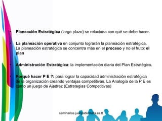 Planeación Estratégica  (largo plazo) se relaciona con qué se debe hacer. La planeación operativa  en conjunto lograrán la planeación estratégica.  La planeación estratégica se concentra más en el  proceso  y no el fruto:  el plan Administración Estratégica : la implementación diaria del Plan Estratégico. Porqué hacer P E ?:  para lograr la capacidad administración estratégica de la organización creando ventajas competitivas. La Analogía de la P E es como un juego de Ajedrez (Estrategias Competitivas) 