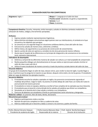 PLANEACIÓN DIDÁCTICA POR COMPETENCIAS

Asignatura: Inglés I                                     Bloque I : Lenguaje en el salón de clase.
                                                         Practica social: Saludando a la gente y respondiendo.
                                                         Semana: 1 y 2
                                                         Clases: 6 sesiones


Competencia Genérica: Escucha, interpreta, emite mensajes y saludos en distintos contextos mediante la
utilización de medios, códigos y herramientas apropiadas.

Atributos:
    1. Expresa saludos mediante representaciones lingüísticas.
    2. Aplica distintas estrategias comunicativas según quienes sean sus interlocutores, el contexto en el que
         encuentra y los objetivos que persigue.
    3. Se comunica en una segunda lengua en situaciones cotidianas dentro y fuera del salón de clase.
    4. Estructura los saludos de manera clara, coherente y sintética.
    5. Define metas y da seguimiento a sus procesos de construcción de conocimientos.
    6. Aporta puntos de vista con apertura y considera los de otras personas de manera reflexiva.
    7. Asume que el respeto de las diferencias es el principio de integración y de convivencia en los contextos
         local, nacional e internacional.
Indicadores de desempeño:
         Deletrea y comprende las diferentes maneras de saludar con soltura y un nivel aceptable de comprensión.
         Realiza pequeños diálogos y/o dramatizaciones en los que realiza un ejercicio para saludar al entrar al
         salón de clase o para salir de el.
         Utiliza el nuevo vocabulario de manera correcta a través de practicas sociales dentro del salón de clase.
Situación didáctica:
Un grupo de 6 estudiantes llegan al salón de clase, desean entrar, para recibir la clase de inglés. Cuando llegan a
tocar, lo primero que les pregunta la maestra es que desean, después cómo están y les da las gracias. El estudiante
debe ser capaz de deletrear los ejemplos muestra.
Secuencia didáctica
    1. El estudiante escucha los saludos y ejemplos en inglés y los pronuncia correctamente siguiendo el
         modelaje del profesor, luego lo repite. Se practica el sonido debajo de cada frase y se realiza de nuevo la
         pronunciación de manera personal.
    2. El estudiante se reúne en equipos, deletrea y escribe la frase completa de los ejemplos que da el docente.
    3. El estudiante pasa al pizarrón y toma dictado de los saludos y/o palabras que dictan sus compañeros.
    4. Simulando ser el docente de la clase saluda y contesta a sus compañeros.
    5. Concurso de deletreo con estudiante al frente en participaciones serán voluntarias y designadas.
Material a utilizar: cd, pizarrón, libro de texto, libreta, diccionario.
Mecanismos para evaluar:
         Registrar participaciones orales y escritas
         Revisión de ejercicios completos en libro y cuaderno de notas
         Rúbricas elaboradas por el docente y dadas a conocer a los alumnos y padres de familia.


Profra. Marisol Cárcamo Vázquez         Profra.Iracema Manzano Alejo      Profr. Gabriel Bonilla Domínguez
  Presidente de academia de Inglés        Responsable de la materia               Director de la Institución
 