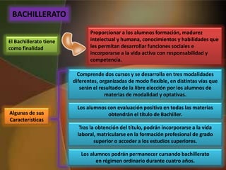 Comprende dos cursos y se desarrolla en tres modalidades
diferentes, organizadas de modo flexible, en distintas vías que
serán el resultado de la libre elección por los alumnos de
materias de modalidad y optativas.
Los alumnos con evaluación positiva en todas las materias
obtendrán el título de Bachiller.
Tras la obtención del título, podrán incorporarse a la vida
laboral, matricularse en la formación profesional de grado
superior o acceder a los estudios superiores.
El Bachillerato tiene
como finalidad
Proporcionar a los alumnos formación, madurez
intelectual y humana, conocimientos y habilidades que
les permitan desarrollar funciones sociales e
incorporarse a la vida activa con responsabilidad y
competencia.
Los alumnos podrán permanecer cursando bachillerato
en régimen ordinario durante cuatro años.
BACHILLERATO
Algunas de sus
Características
 