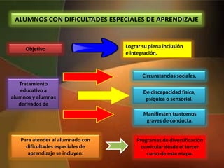 ALUMNOS CON DIFICULTADES ESPECIALES DE APRENDIZAJE
Para atender al alumnado con
dificultades especiales de
aprendizaje se incluyen:
Programas de diversificación
curricular desde el tercer
curso de esta etapa.
Lograr su plena inclusión
e integración.
Objetivo
Tratamiento
educativo a
alumnos y alumnas
derivados de
Circunstancias sociales.
De discapacidad física,
psíquica o sensorial.
Manifiesten trastornos
graves de conducta.
 
