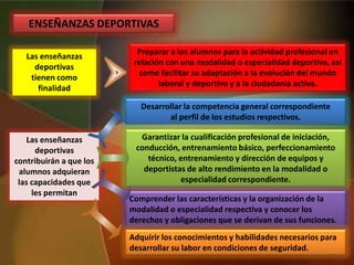 ENSEÑANZAS DEPORTIVAS
Las enseñanzas
deportivas
tienen como
finalidad
Preparar a los alumnos para la actividad profesional en
relación con una modalidad o especialidad deportiva, así
como facilitar su adaptación a la evolución del mundo
laboral y deportivo y a la ciudadanía activa.
Las enseñanzas
deportivas
contribuirán a que los
alumnos adquieran
las capacidades que
les permitan
Desarrollar la competencia general correspondiente
al perfil de los estudios respectivos.
Garantizar la cualificación profesional de iniciación,
conducción, entrenamiento básico, perfeccionamiento
técnico, entrenamiento y dirección de equipos y
deportistas de alto rendimiento en la modalidad o
especialidad correspondiente.
Comprender las características y la organización de la
modalidad o especialidad respectiva y conocer los
derechos y obligaciones que se derivan de sus funciones.
Adquirir los conocimientos y habilidades necesarios para
desarrollar su labor en condiciones de seguridad.
 