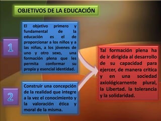 Construir una concepción
de la realidad que integre
a la vez el conocimiento y
la valoración ética y
moral de la misma.
OBJETIVOS DE LA EDUCACIÓN
El objetivo primero y
fundamental de la
educación es el de
proporcionar a los niños y a
las niñas, a los jóvenes de
uno y otro sexo, una
formación plena que les
permita conformar su
propia y esencial identidad.
Tal formación plena ha
de ir dirigida al desarrollo
de su capacidad para
ejercer, de manera critica
y en una sociedad
axiológicarnente plural,
la Libertad. la tolerancia
y la solidaridad.
 