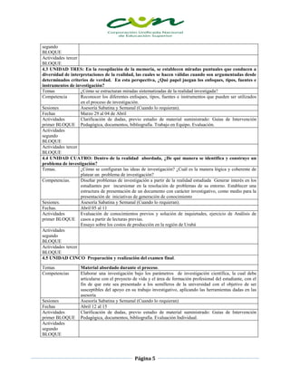 Página 5
segundo
BLOQUE
Actividades tercer
BLOQUE
4.3 UNIDAD TRES: En la recopilación de la memoria, se establecen miradas puntuales que conducen a
diversidad de interpretaciones de la realidad, las cuales se hacen válidas cuando son argumentadas desde
determinados criterios de verdad. En esta perspectiva, ¿Qué papel juegan los enfoques, tipos, fuentes e
instrumentos de investigación?
Temas ¿Cómo se estructuran miradas sistematizadas de la realidad investigada?
Competencia Reconocer los diferentes enfoques, tipos, fuentes e instrumentos que pueden ser utilizados
en el proceso de investigación.
Sesiones Asesoría Sabatina y Semanal (Cuando lo requieran).
Fechas Marzo 29 al 04 de Abril
Actividades
primer BLOQUE
Clarificación de dudas, previo estudio de material suministrado: Guías de Intervención
Pedagógica, documentos, bibliografía. Trabajo en Equipo. Evaluación.
Actividades
segundo
BLOQUE
Actividades tercer
BLOQUE
4.4 UNIDAD CUATRO: Dentro de la realidad abordada, ¿De qué manera se identifica y construye un
problema de investigación?
Temas. ¿Cómo se configuran las ideas de investigación? ¿Cuál es la manera lógica y coherente de
platear un problema de investigación?
Competencias. Diseñar problemas de investigación a partir de la realidad estudiada Generar interés en los
estudiantes por incursionar en la resolución de problemas de su entorno. Establecer una
estructura de presentación de un documento con carácter investigativo, como medio para la
presentación de iniciativas de generación de conocimiento
Sesiones. Asesoría Sabatina y Semanal (Cuando lo requieran).
Fechas. Abril 05 al 11
Actividades
primer BLOQUE
Evaluación de conocimientos previos y solución de inquietudes, ejercicio de Análisis de
casos a partir de lecturas previas.
Ensayo sobre los costos de producción en la región de Urabá
Actividades
segundo
BLOQUE
Actividades tercer
BLOQUE
4.5 UNIDAD CINCO Preparación y realización del examen final.
Temas Material abordado durante el proceso.
Competencias Elaborar una investigación bajo los parámetros de investigación científica, la cual debe
articularse con el proyecto de vida y el área de formación profesional del estudiante, con el
fin de que este sea presentado a los semilleros de la universidad con el objetivo de ser
susceptibles del apoyo en su trabajo investigativo, aplicando las herramientas dadas en las
asesoría
Sesiones Asesoría Sabatina y Semanal (Cuando lo requieran)
Fechas Abril 12 al 15
Actividades
primer BLOQUE
Clarificación de dudas, previo estudio de material suministrado: Guías de Intervención
Pedagógica, documentos, bibliografía. Evaluación Individual.
Actividades
segundo
BLOQUE
 