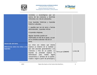 2010 Reyna Díaz Huerta y Erika Yazmin Avila Bonifacio 4
montañas; y escatológicas que son
acerca de las creencias y doctrinas
referentes a la vida de ultratumba.
2.Las leyendas históricas y leyendas
histórico culturales.
3. aquellas que son de seres y fuerzas
sobrenaturales. Leyendas míticas
4.Leyendas religiosas.
Algunas leyendas pueden ser
clasificadas en más de un grupo, ya que
por su temática abordan más de un
tema.
Desarrollo del tema
Diferencias entre los mitos y las
leyendas
Los mitos son relatos que intenta
explicar un misterio de la realidad y
que está asociado generalmente a las
creencias y ritos de un pueblo. La
leyenda no pretende explicar lo
sobrenatural pues resalta alguna
característica o atributo de un pueblo,
ciudad o región a partir de personajes y
Terra por LEMMiNO 2,18-2,58
 