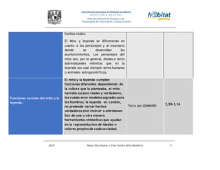 2010 Reyna Díaz Huerta y Erika Yazmin Avila Bonifacio 5
hechos reales.
El Mito y leyenda se diferencian en
cuanto a los personajes y al escenario
donde se desarrollan los
acontecimientos. Los personajes del
mito son, por lo general, dioses o seres
sobrenaturales mientras que en la
leyenda son casi siempre seres humanos
o animales antropomórficos.
Funciones sociales del mito y la
leyenda.
El mito y la leyenda cumplen
funciones diferentes dependiendo de
la cultura que la planteaba, el mito
narraba sucesos reales y verdaderos,
los cuales eran modelos sagrados para
los hombres; la leyenda en cambio,
no pretende narrar hechos
verdaderos sino instruir o entretener.
Son de una u otra manera
herramientas simbolicas que ayudan
en la representacion de ideales o
valores propios de cada sociedad.
Terra por LEMMiNO 2,59-3,16
 