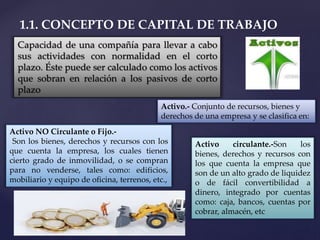 Capacidad de una compañía para llevar a cabo
sus actividades con normalidad en el corto
plazo. Éste puede ser calculado como los activos
que sobran en relación a los pasivos de corto
plazo
1.1. CONCEPTO DE CAPITAL DE TRABAJO
Activo.- Conjunto de recursos, bienes y
derechos de una empresa y se clasifica en:
Activo circulante.-Son los
bienes, derechos y recursos con
los que cuenta la empresa que
son de un alto grado de liquidez
o de fácil convertibilidad a
dinero, integrado por cuentas
como: caja, bancos, cuentas por
cobrar, almacén, etc
Activo NO Circulante o Fijo.-
Son los bienes, derechos y recursos con los
que cuenta la empresa, los cuales tienen
cierto grado de inmovilidad, o se compran
para no venderse, tales como: edificios,
mobiliario y equipo de oficina, terrenos, etc.,
 