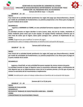 SECRETARÍA DE EDUCACIÓN DEL GOBIERNO DEL ESTADO
DIRECCIÓN DE EDUCACIÓN BÁSICA DEPARTAMENTO DE EDUCACIÓN FISICA
CONDUCCIÓN DEL PROGRAMA NIVEL DE SECUNDARIA
Semana del 28 de mayo – 1 de junio
SESION N° 13 – 14
INICIO:
Fase inicial de la actividad donde pondremos las reglas del juego que desarrollaremos y donde
por medio de actividades de fundamentos y su práctica preparamos a los chicos para el juego en
la parte medular de la sesión
DESARROLLO:
Jugamos a DERRIBAR LA TORRE, en esta actividad formamos equipos de mismo número de
gente.
La actividad consiste en lograr derribar la torre (conos, bote, etc) de los rivales, moviendo el
balón mediante pases antes que el otro equipo. Un equipo intenta realizarlos mientras que el
otro trata de evitar que lo logren. Gana quien consigue tirar primero el implemento de sus
rivales.
CIERRE: (Sugerencias para modificar la manera de jugar)
Sensibilización sobre el trabajo colaborativo en beneficio de la actuación del equipo.
Semana del 4 al 8 de mayo
SESION N° 15 – 16
INICIO:
Fase inicial de la actividad donde pondremos las reglas del juego que desarrollaremos y donde
por medio de actividades de fundamentos y su práctica preparamos a los chicos para el juego en
la parte medular de la sesión
DESARROLLO:
Jugamos a hand ball, en esta actividad formamos equipos de mismo número de gente.
La actividad consiste en jugar el deporte como lo conocemos utilizando reglas y movimientos de
este deporte que ya se experimentaron como tal en la sesiones previas y en las que el joven ya
conoce la naturaleza de los movimientos a implementar
CIERRE: Sensibilización sobre el trabajo colaborativo en beneficio de la actuación del equipo.
Semana del 11 al 15 de junio
SESION N° 17 – 18
INICIO:
SEMANA DE EVALUACION
DESARROLLO:
REVISION DE TRABAJOS DE INVESTIGACION HAND BALL - EXAMEN
CIERRE:
CONCENTRADO DE CALIFICACIONES FINALES
 