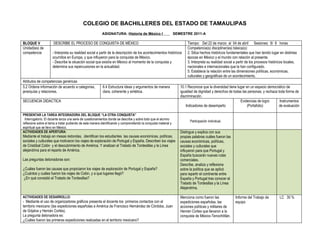 COLEGIO DE BACHILLERES DEL ESTADO DE TAMAULIPAS
                                                           ASIGNATURA: Historia de México I                       SEMESTRE 2011-A

BLOQUE V              DESCRIBE EL PROCESO DE CONQUISTA DE MÉXICO                                                         Tiempo: Del 22 de marzo al 04 de abril Sesiones: 6/ 6 horas
Unidad(es) de                                                                                                            Competencia(s) disciplinar(es) básica(s):
competencia           - Interpreta su realidad social a partir de la descripción de los acontecimientos históricos       2. Sitúa hechos históricos fundamentales que han tenido lugar en distintas
                      ocurridos en Europa, y que influyeron para la conquista de México.                                 épocas en México y el mundo con relación al presente.
                      - Describe la situación social que existía en México al momento de la conquista y                  3. Interpreta su realidad social a partir de los procesos históricos locales,
                      determina sus repercusiones en la actualidad.                                                      nacionales e internacionales que la han configurado.
                                                                                                                         5. Establece la relación entre las dimensiones políticas, económicas,
                                                                                                                         culturales y geográficas de un acontecimiento.
Atributos de competencias genéricas
5.2 Ordena información de acuerdo a categorías,            6.4 Estructura ideas y argumentos de manera               10.1 Reconoce que la diversidad tiene lugar en un espacio democrático de
jerarquías y relaciones.                                   clara, coherente y sintética.                             igualdad de dignidad y derechos de todas las personas, y rechaza toda forma de
                                                                                                                     discriminación.
SECUENCIA DIDACTICA                                                                                                                                          Evidencias de logro       Instrumentos
                                                                                                                         Indicadores de desempeño                 (Portafolio)         de evaluación

PRESENTAR LA TAREA INTEGRADORA DEL BLOQUE “LA OTRA CONQUISTA”
 Interrogatorio. El docente lanza una serie de cuestionamientos donde se describe y sobre todo que el alumno
                                                                                                                           Participación individual.
reflexione sobre el tema a tratar pudiendo de esta manera identificando y comprendiendo la conquista material y
espiritual que se llevo en México.
ACTIVIDADES DE APERTURA:                                                                                             Distingue y explica con sus
Mediante el trabajo en mesas redondas, identifican los estudiantes las causas económicas, políticas,                 propias palabras cuáles fueron las
sociales y culturales que motivaron los viajes de exploración de Portugal y España. Describen los viajes             causas económicas, políticas,
de Cristóbal Colón y el descubrimiento de América. Y analizan el Tratado de Tordesillas y la Línea                   sociales y culturales que
alejandrina para el reparto de América.                                                                              influyeron para que Portugal y
                                                                                                                     España buscarán nuevas rutas
Las preguntas detonadoras son:                                                                                       comerciales.
                                                                                                                     Describe, analiza y reflexiona
¿Cuáles fueron las causas que propiciaron los viajes de exploración de Portugal y España?                            sobre la política que se aplicó
¿Cuántos y cuáles fueron los viajes de Colón, y a que lugares llegó?                                                 para repartir el continente entre
¿En qué consistió el Tratado de Tordesillas?                                                                         España y Portugal tras conocer el
                                                                                                                     Tratado de Tordesillas y la Línea
                                                                                                                     Alejandrina.

ACTIVIDADES DE DESARROLLO:                                                                                           Menciona como fueron las             Informe del Trabajo de         LC 30 %
- Mediante el uso de organizadores gráficos presenta el docente los primeros contactos con el                        expediciones españolas, las          equipo
territorio mexicano (las expediciones españolas a América de Francisco Hernández de Córdoba, Juan                    acciones políticas y militares de
de Grijalva y Hernán Cortés).                                                                                        Hernán Cortes que llevaron a la
La pregunta detonadora es:                                                                                           conquista de México-Tenochtitlán.
¿Cuáles fueron las primeras expediciones realizadas en el territorio mexicano?
 